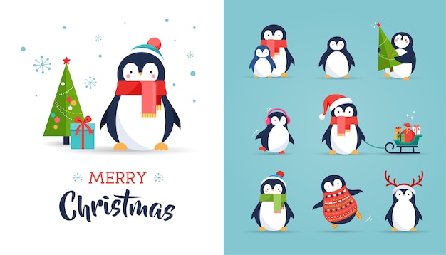かわいいペンギンのイラストセット メリークリスマスの挨拶 プレミアムベクター