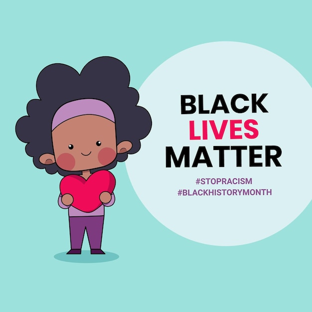 ブラック ライヴズ マターという言葉が書かれたハートを持ったかわいい人たち 黒人歴史月間のイラスト プレミアムベクター