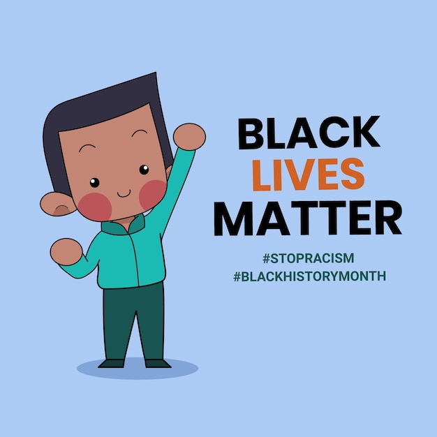 背景に ブラック ライヴズ マター という言葉が書かれたかわいい人 黒人歴史月間のイラスト プレミアムベクター