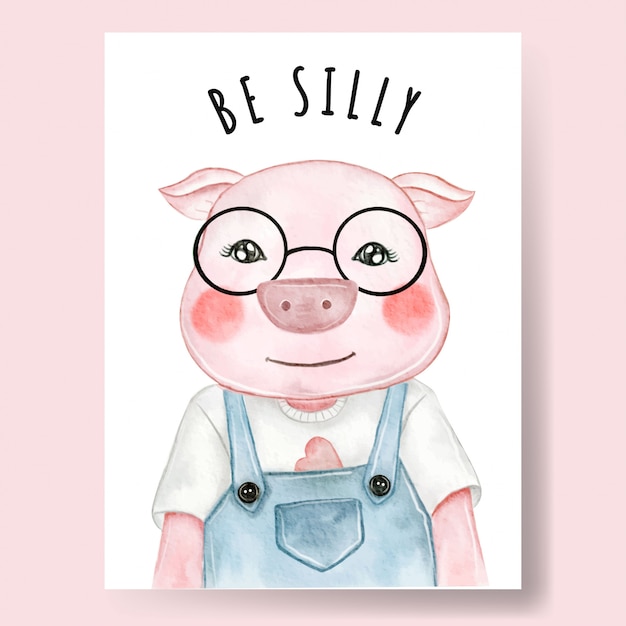 Download Cute pig boy wearing glasses watercolor illustration ...