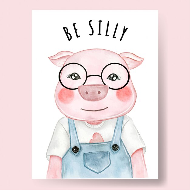 Cute pig boy wearing glasses watercolor illustration nursery decor | Premium Vector