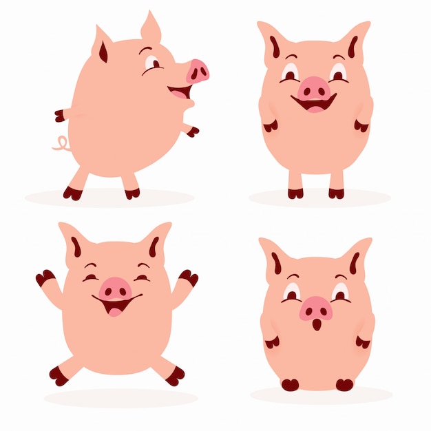 かわいい豚のキャラクターセット 愛らしいフラットスタイルの豚のイラスト集 プレミアムベクター