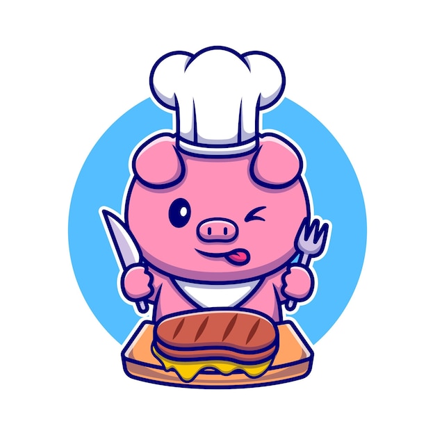 ビーフ ステーキの漫画のキャラクターを食べるかわいい豚シェフ 動物性食品が分離されました 無料のベクター