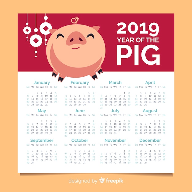 かわいい豚旧正月カレンダー 無料のベクター