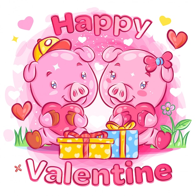 バレンタインの日ギフトイラストと恋にかわいい豚カップル プレミアムベクター