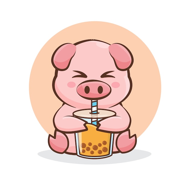 Premium Vector | Cute pig drinking a caramel boba cartoon illustration.