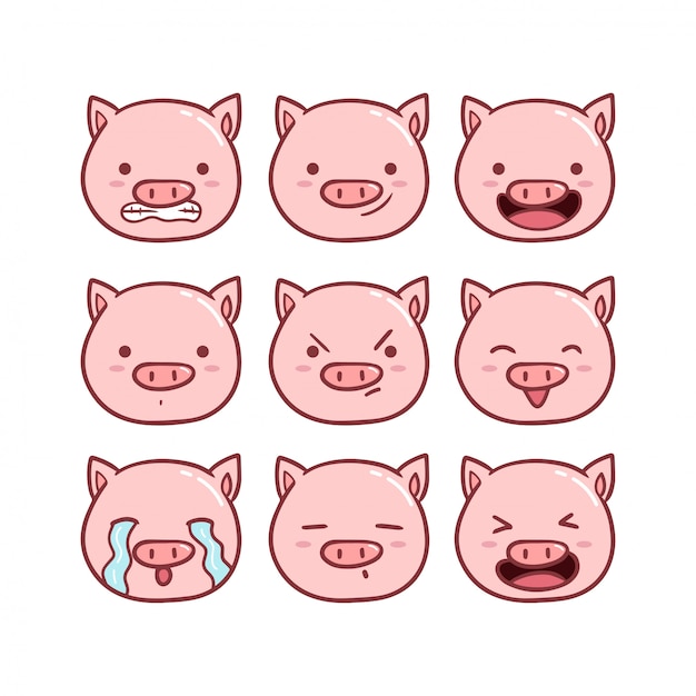 プレミアムベクター かわいい豚の絵文字セット
