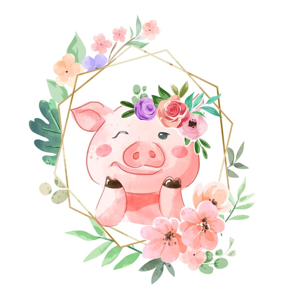 Premium Vector Cute Pig In Floral Crown And Flower Frame Illustration