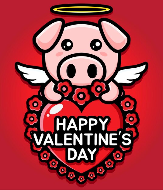 幸せなバレンタインデーの挨拶で心を抱き締めるかわいい豚 プレミアムベクター