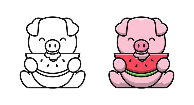 Premium Vector Cute Pig Is Eating Watermelon Cartoon Coloring Pages For Kids