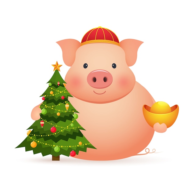 中国の金と白い背景の上のクリスマスツリーとかわいい豚 豚の旧正月 プレミアムベクター