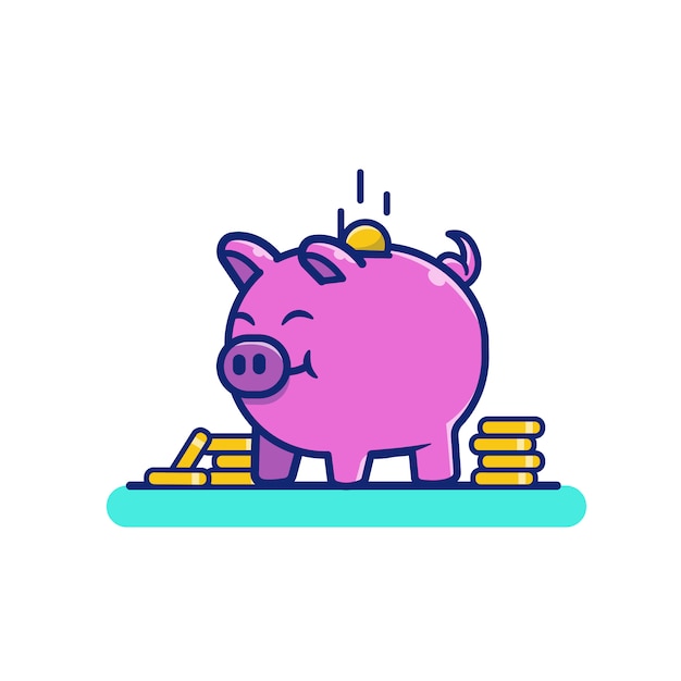 プレミアムベクター 金貨とかわいい豚お金漫画アイコンイラスト 動物とビジネスアイコンのコンセプトが分離されました フラット漫画スタイル