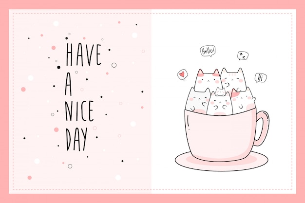 Premium Vector Cute Pink Cat Kitten Cartoon Doodle Card Template