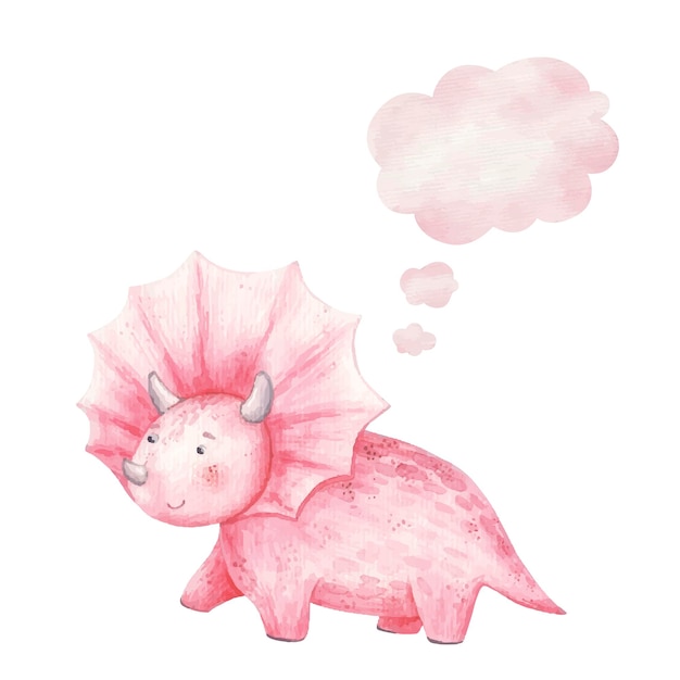かわいいピンクの恐竜の笑顔と思考のアイコン 雲 子供のイラスト水彩 プレミアムベクター
