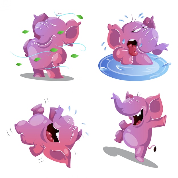 Cute pink elephant in 4 different poses and emotions ...