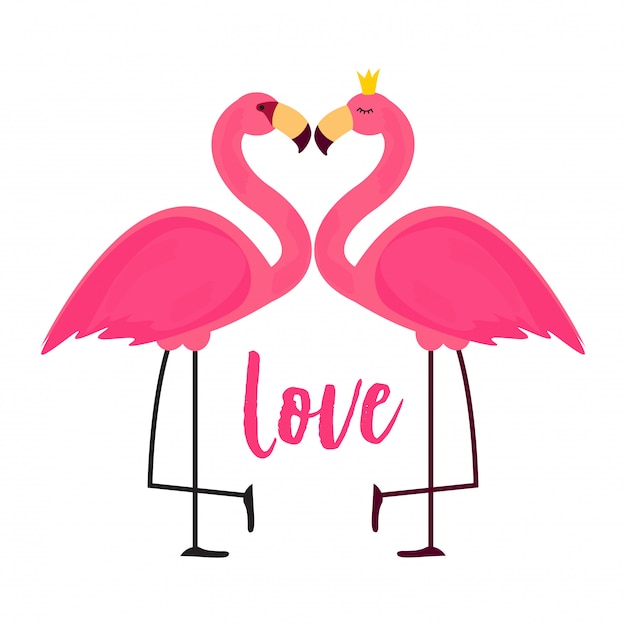 愛の背景イラストでかわいいピンクのフラミンゴ プレミアムベクター