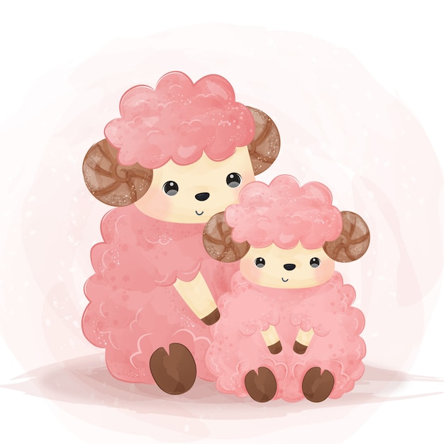 かわいいピンクの子羊の母性図 水彩イラスト プレミアムベクター