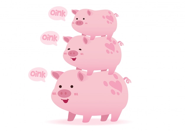 かわいいピンクの豚の文字のスタックのイラスト プレミアムベクター