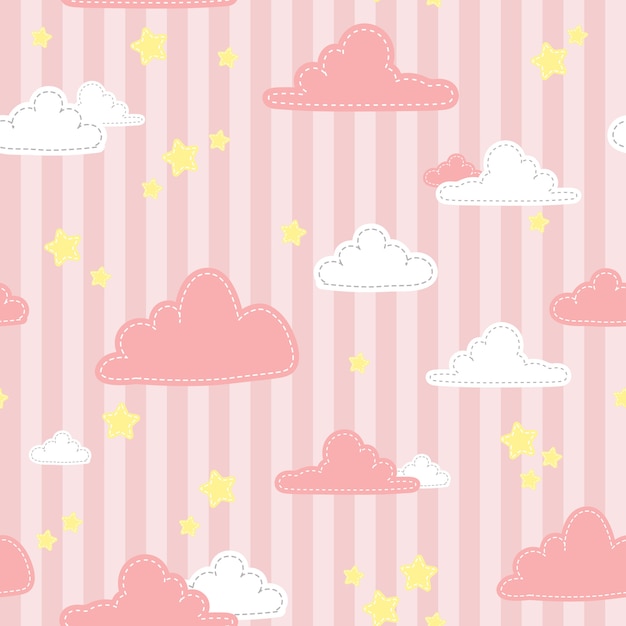 かわいいピンクのストライプの空と雲漫画落書きシームレスパターン プレミアムベクター