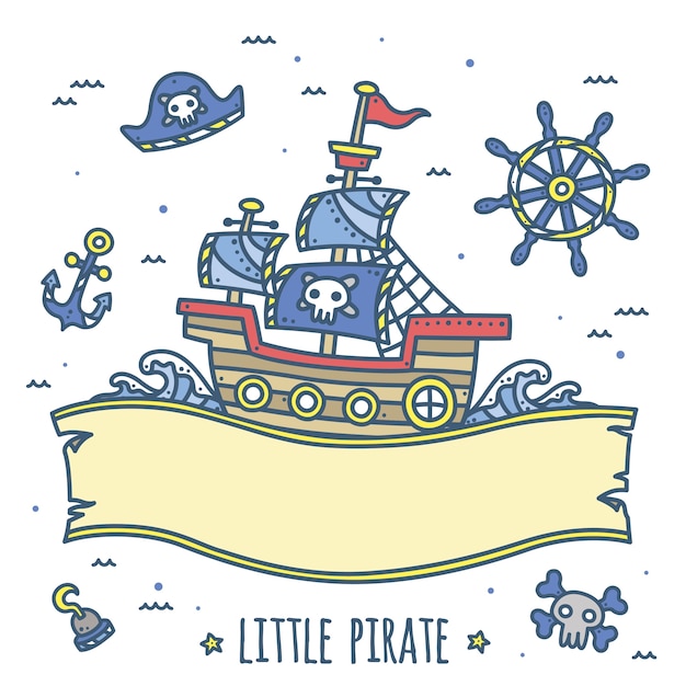 プレミアムベクター 子供のためのかわいい海賊船のリボンのデザイン