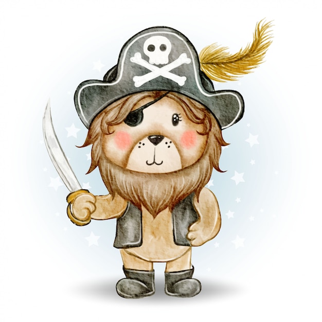 かわいい海賊ライオンキング水彩イラスト プレミアムベクター