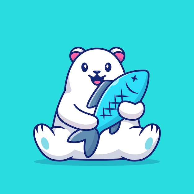 Premium Vector | Cute polar bear holding big fish icon illustration ...
