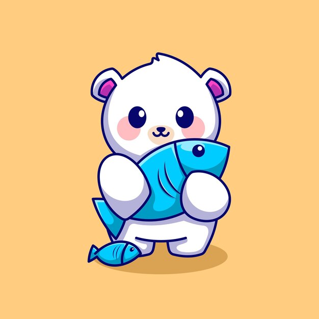 Premium Vector | Cute polar bear with blue fish cartoon