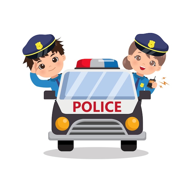 パトカーのかわいい警察の男の子と女の子 警察の衣装のクリップアートを身に着けている子供たち フラットなデザイン プレミアムベクター