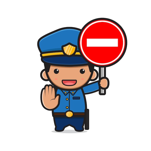 Premium Vector Cute Police Holding Stop Sign Cartoon Icon