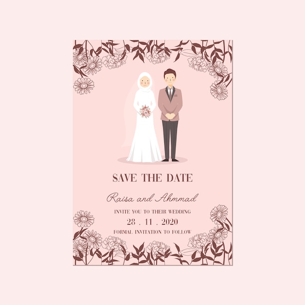 Premium Vector Cute Portrait Muslim Couple Wedding Invitation Save The Date Template Walmia Nikah With Flowers