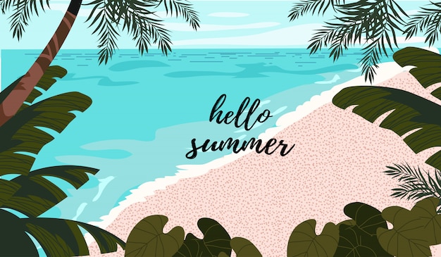 青い海 白い砂浜 熱帯の木々や葉のイラストがかわいいポスター カードまたはカバー プレミアムベクター