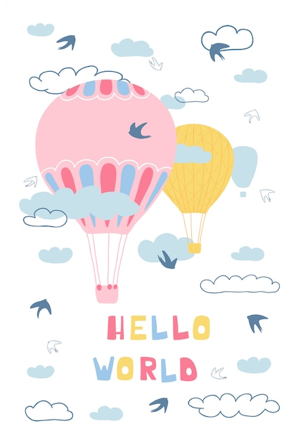 気球 雲 鳥 手書きの文字こんにちは世界のかわいいポスター 子供部屋のデザインのイラスト プレミアムベクター