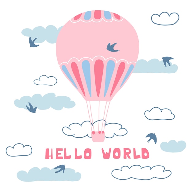 気球 雲 鳥 手書きのレタリングhelloworldのかわいいポスター プレミアムベクター