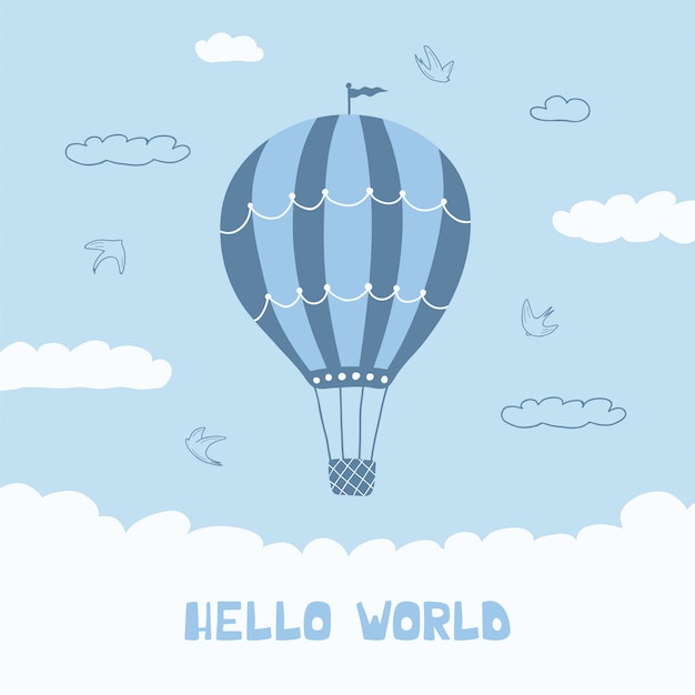 青い風船 雲 鳥 Hello Worldの手書きレタリングのかわいいポスター 子供部屋のデザインのイラスト プレミアムベクター