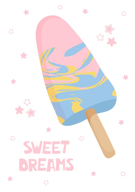 アイスクリームの最後の星の手書きのレタリングの甘い夢とかわいいポスター プレミアムベクター