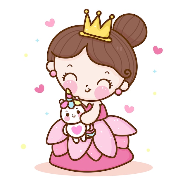 かわいいお姫様漫画抱擁素敵なユニコーンカワイイイラスト プレミアムベクター