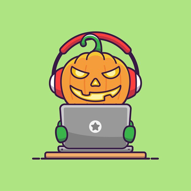 Premium Vector | Cute Pumpkin Listening Music With A Laptop