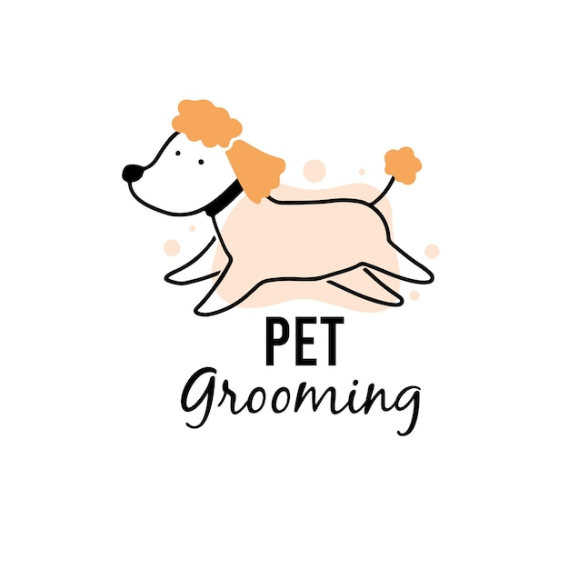 かわいい子犬の犬のペットのグルーミング 動物の毛のグルーミングサロンのロゴ バナーデザインの漫画の犬のキャラクターのイラスト ペットケアのコンセプト プレミアムベクター