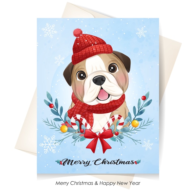 水彩イラストのクリスマスのかわいい子犬 プレミアムベクター