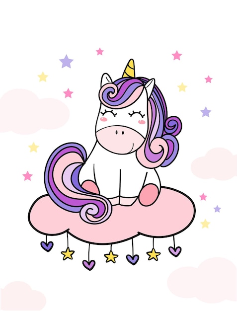 Premium Vector | Cute purple baby magical unicorn on pink cloud with ...
