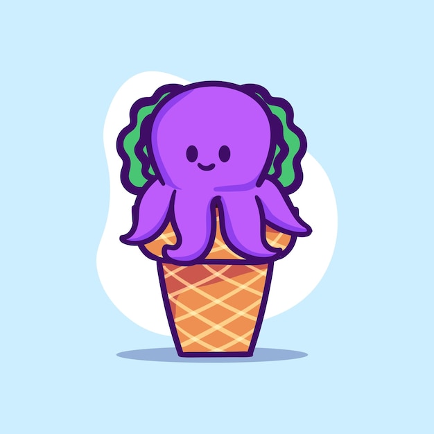 かわいい紫のタコのキャラクターがアイスクリームコーンのイラストに座る プレミアムベクター