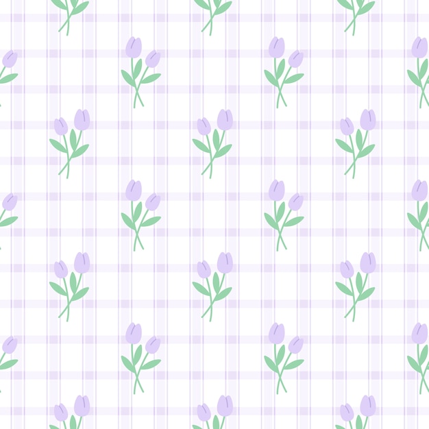 かわいい紫チューリップの花のシームレスな繰り返しパターン 壁紙の背景 かわいいシームレスパターン背景 プレミアムベクター
