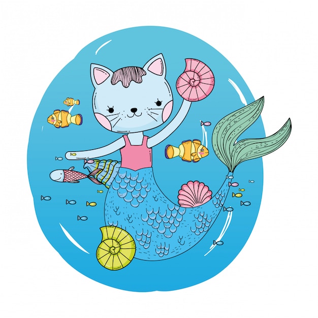 Premium Vector | Cute purrmaid undersea scene