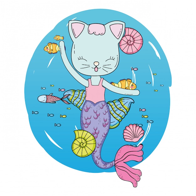 Premium Vector | Cute purrmaid undersea scene