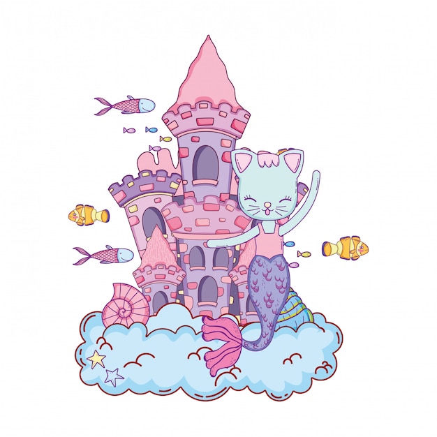 Premium Vector | Cute purrmaid with castle undersea