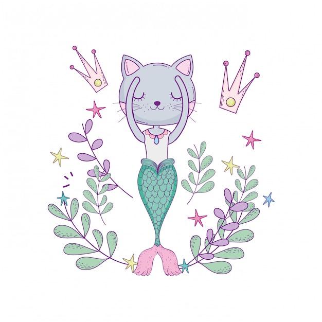 Premium Vector | Cute purrmaid with crowns and floral decoration