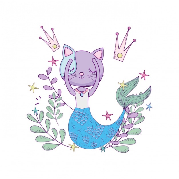 Premium Vector | Cute purrmaid with crowns and floral decoration