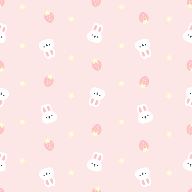 かわいいウサギとイチゴのシームレスなパターン背景 プレミアムベクター
