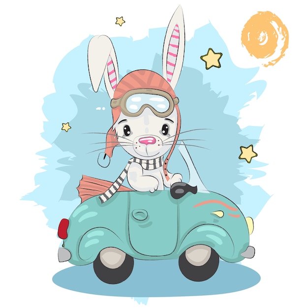 Premium Vector Cute Rabbit In The Car Cartoon Hand Drawn