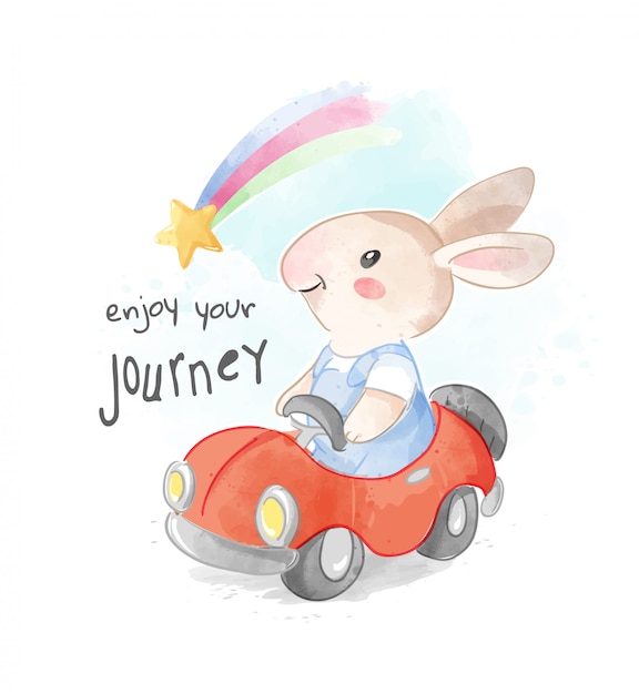 車と虹のイラストを運転するかわいいウサギ プレミアムベクター